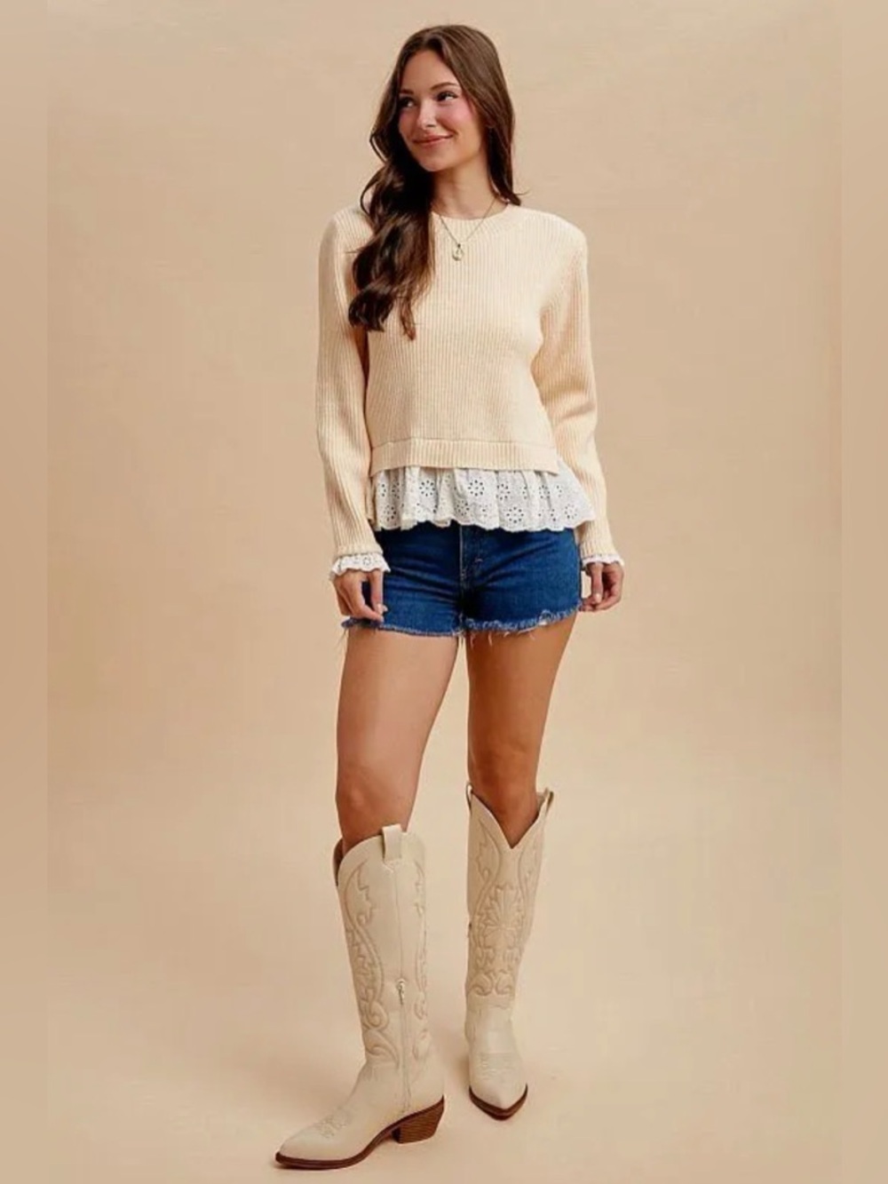 Lace Trim Rib Knit Sweater Cream NWT | AnnieWear | S - Picture 3 of 5